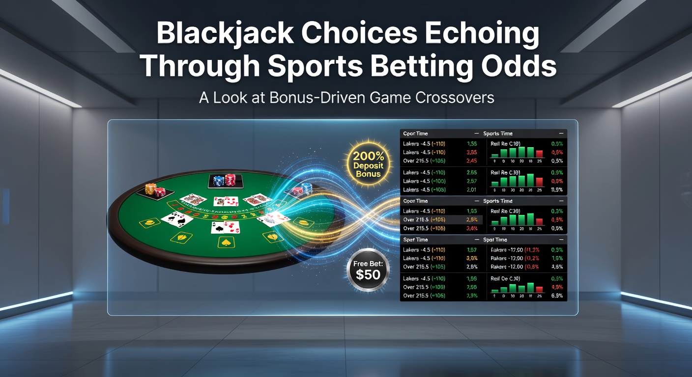 Illustration of blackjack table merging with sports betting interface showing bonus crossover elements