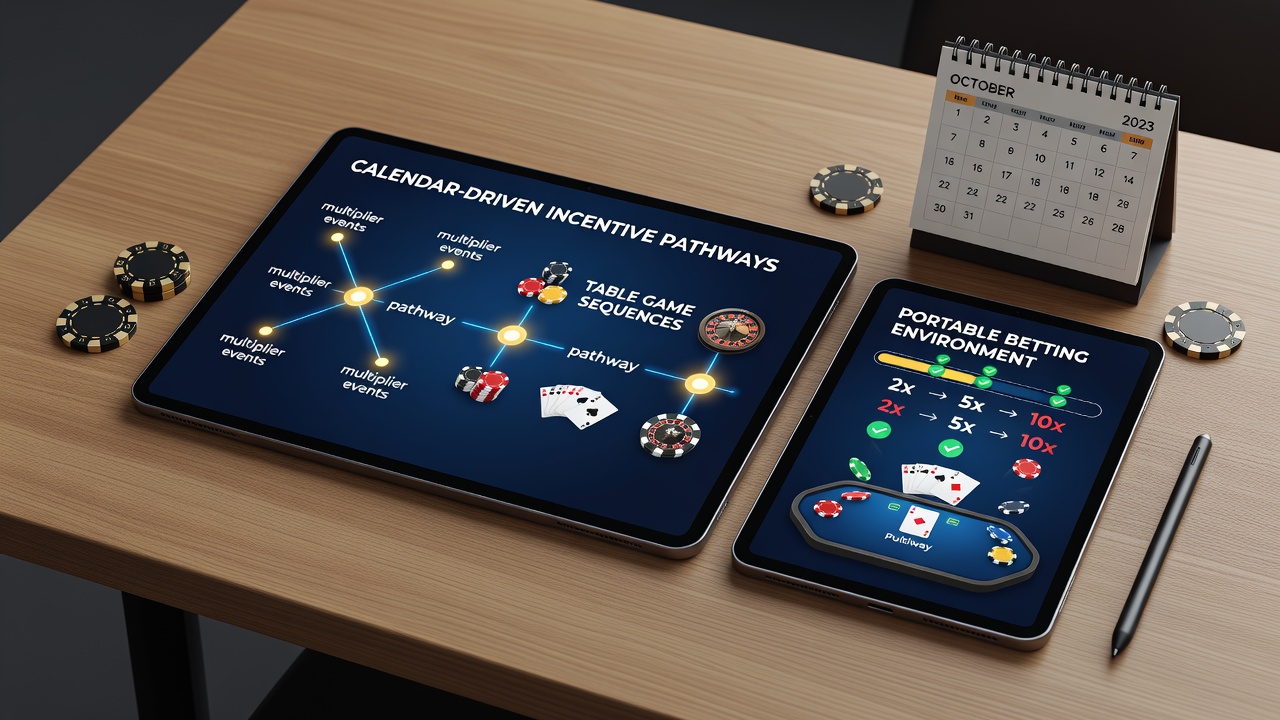 Mobile betting interface displaying calendar-based bonus pathways that connect multiplier events with table game sequences