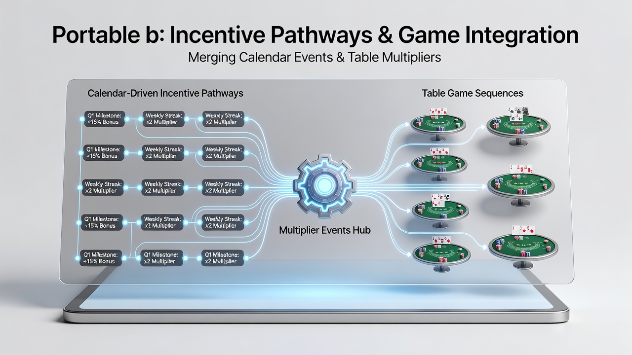 Portable device screen showing integrated multiplier and table game bonus sequences driven by calendar events