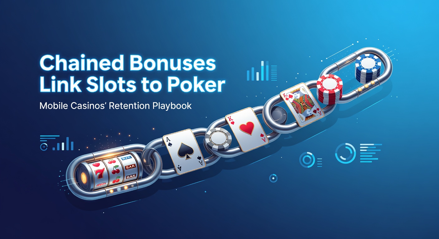 Digital graphic showing interconnected slot reels and poker cards with glowing bonus chains linking them in a mobile app interface