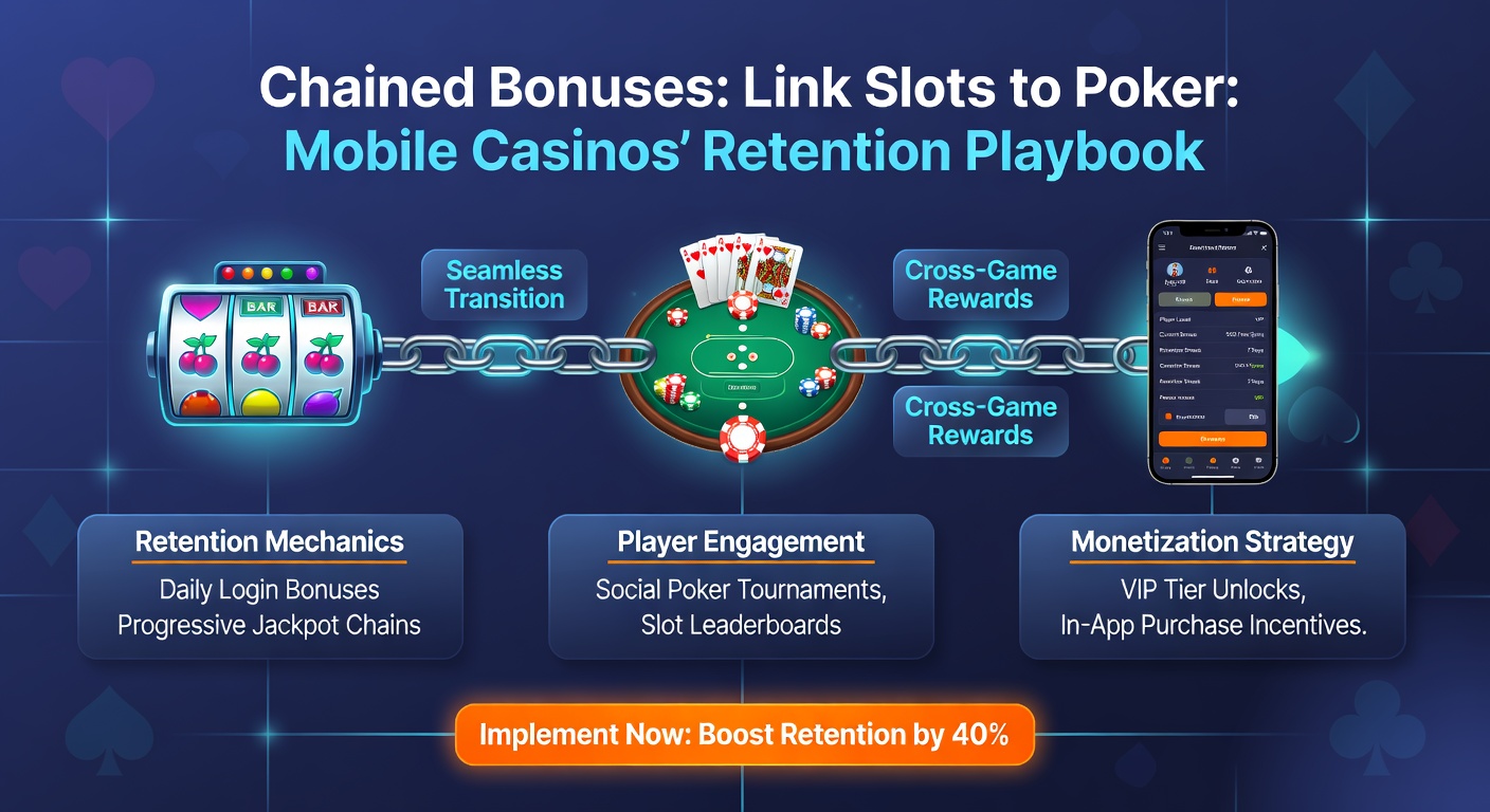 Screenshot of a mobile casino app displaying a bonus chain progress bar connecting slot wins to poker tournament entries
