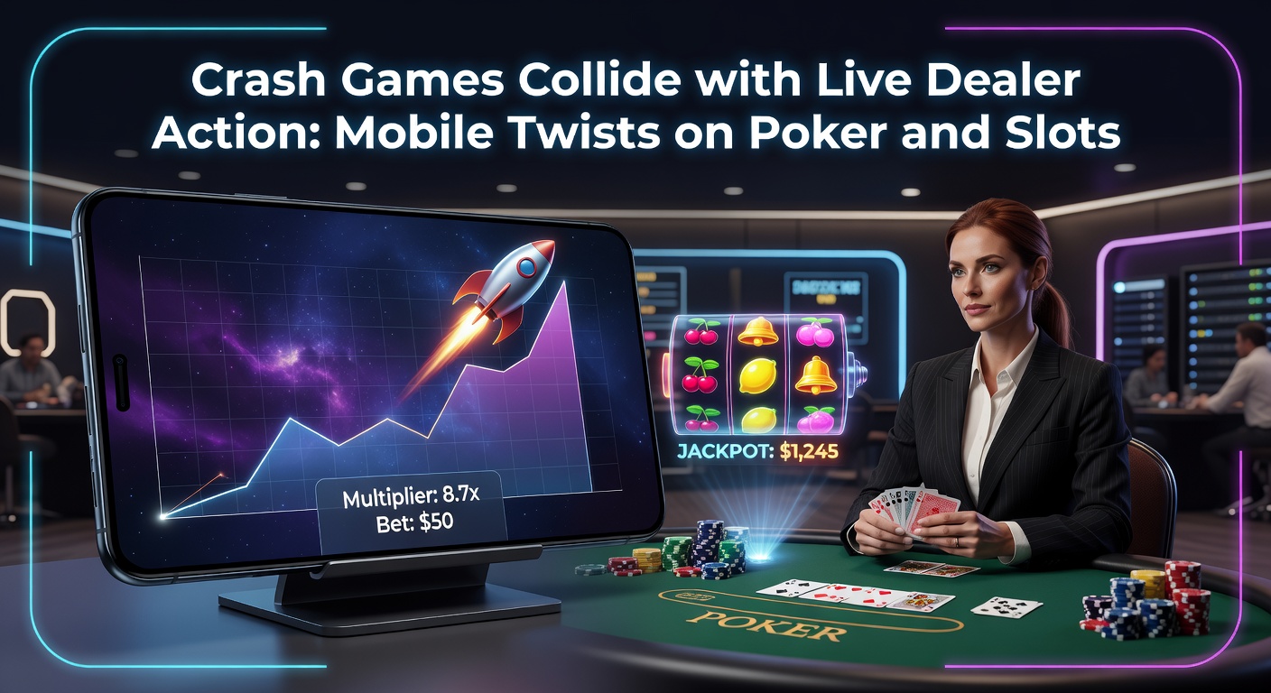 Dynamic screenshot of a crash game multiplier climbing alongside a live dealer shuffling cards on a mobile screen