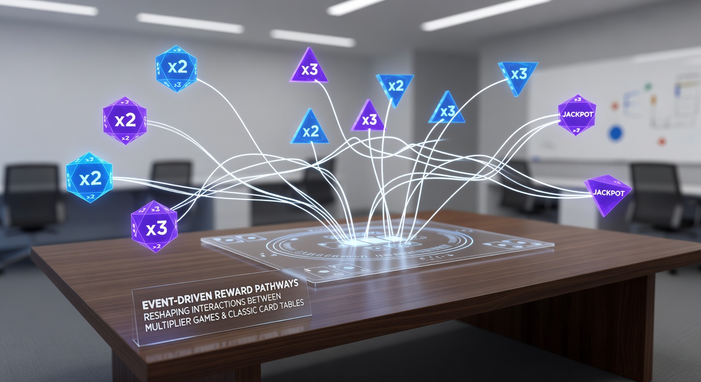 Mobile screen showing event-triggered rewards flowing between crash multiplier displays and live card table sessions