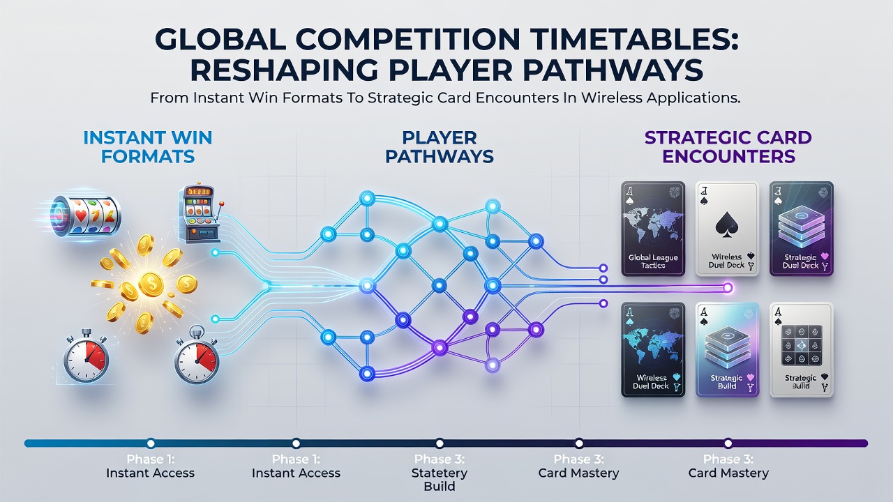 Mobile gaming interfaces displaying instant win slots transitioning to strategic card tables during global event cycles