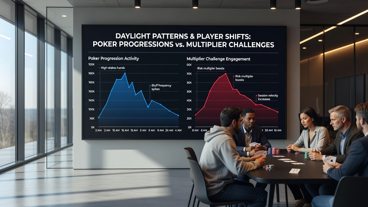 Portable device displaying simultaneous poker progression tracker and multiplier challenge dashboard during an evening sports event