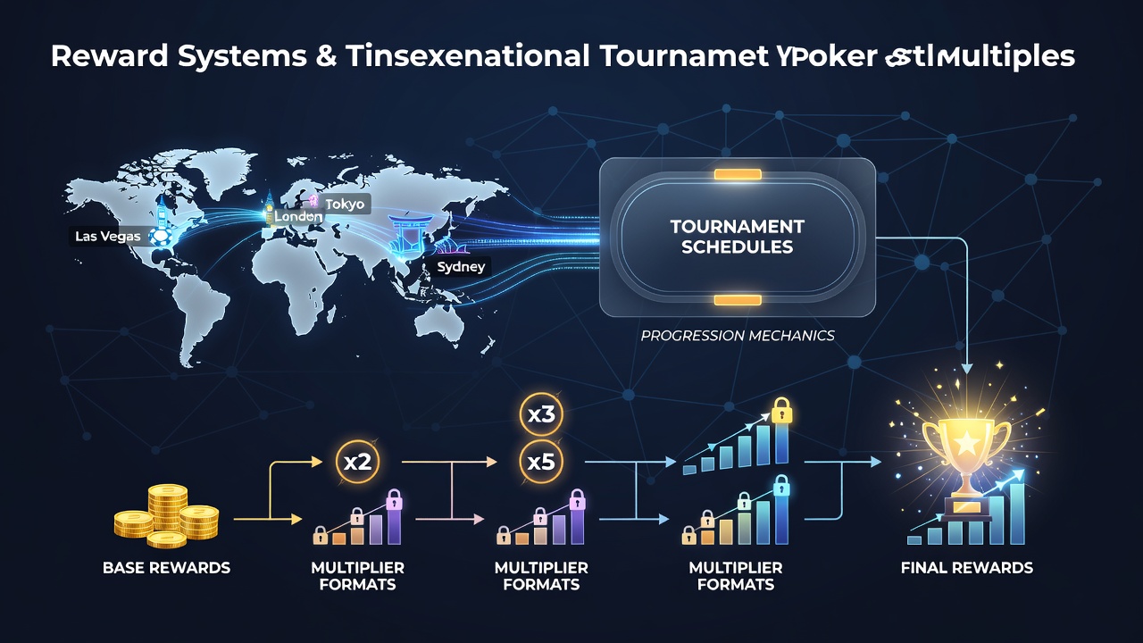 Visual representation of interconnected reward systems linking global poker tournaments with mobile progression mechanics and multiplier formats