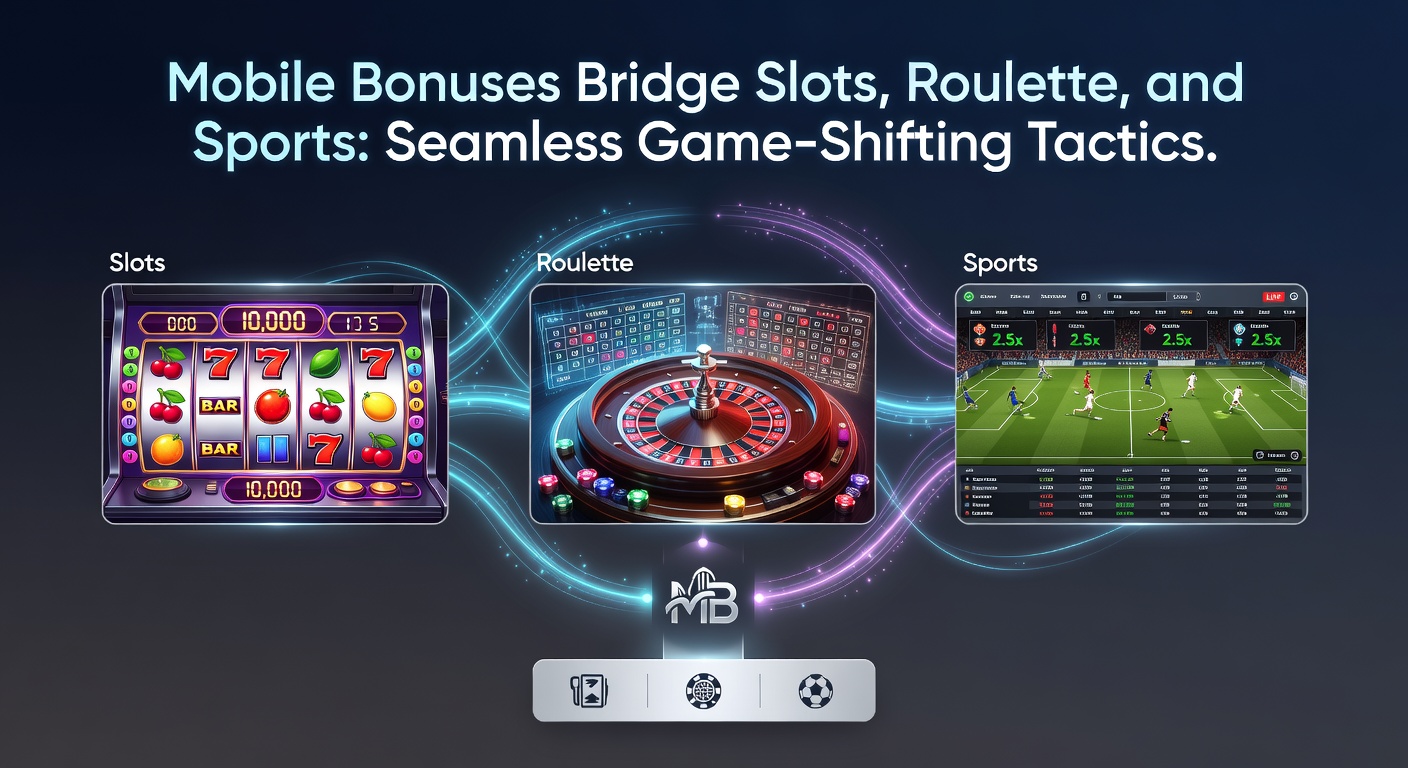 Screenshot of a mobile app interface displaying bonus progress bar bridging slot reels, roulette layout, and live sports events