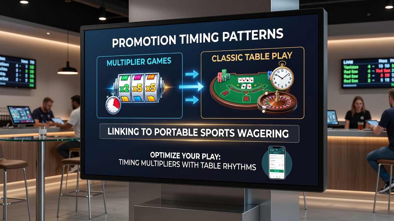 Analytics dashboard illustrating promotion timing patterns that connect multiplier games to classic table play within portable sports wagering systems
