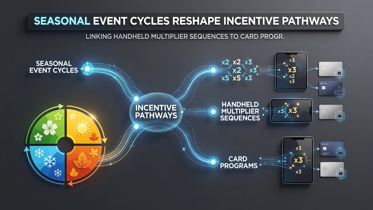 Mobile betting platforms showing linked incentive pathways between multiplier sequences and card progression during seasonal events