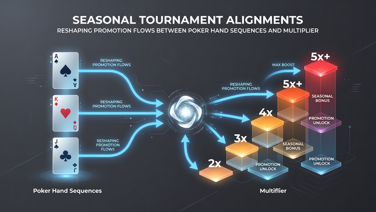 Portable device screen showing interconnected poker hand progress and multiplier bonus flows during seasonal tournaments