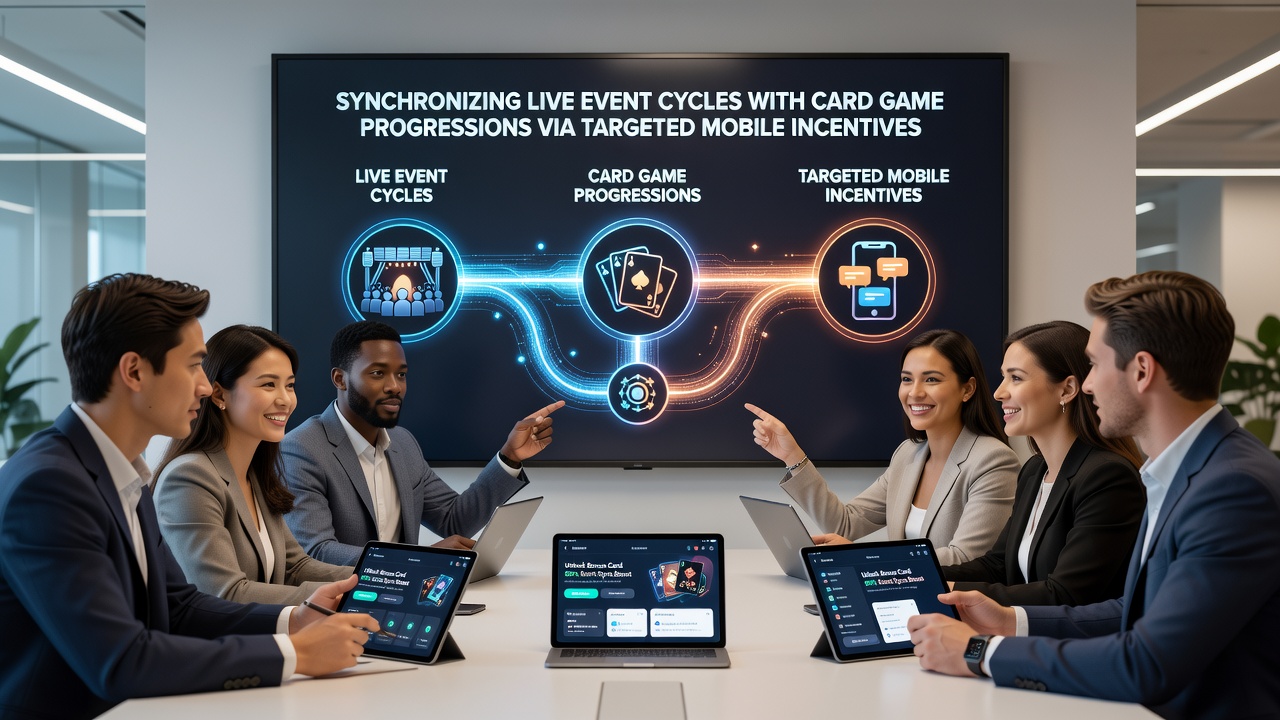 Dashboard view of mobile incentive timing synced between live sports data and poker progression meters