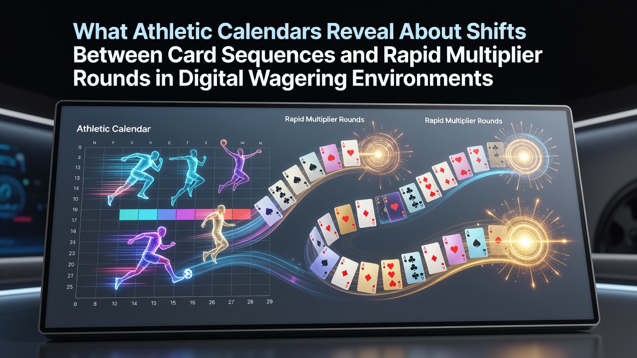 Athletic calendar overlay on digital wagering interface showing transitions between card sequences and multiplier rounds